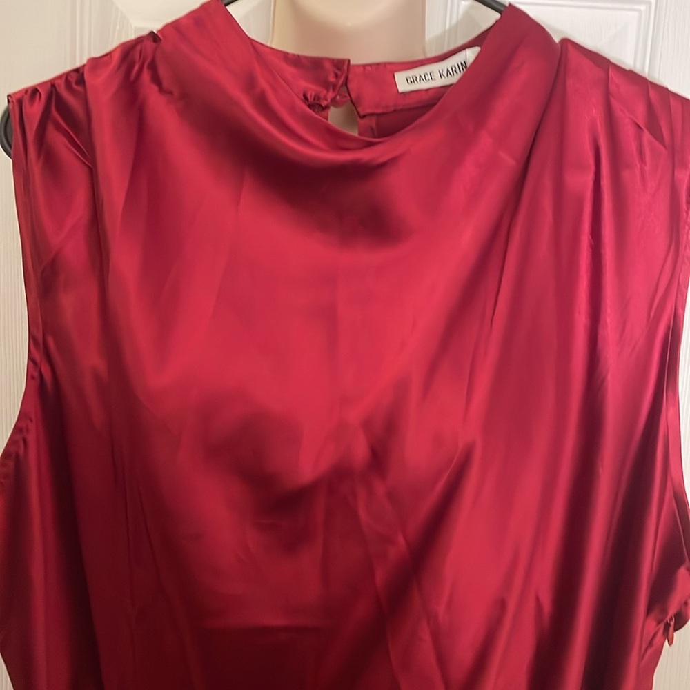 Grace Karin Red Burgundy Stretch Satin High Neck Sheath Dress 2X - Picture 4 of 11